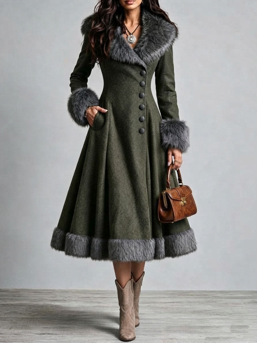 Abrigo Vestido Largo Boho Western de Lana con Pelo, Cintura Entallada y Falda Acampanada