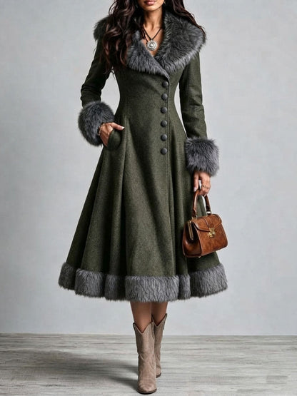 Abrigo Vestido Largo Boho Western de Lana con Pelo, Cintura Entallada y Falda Acampanada