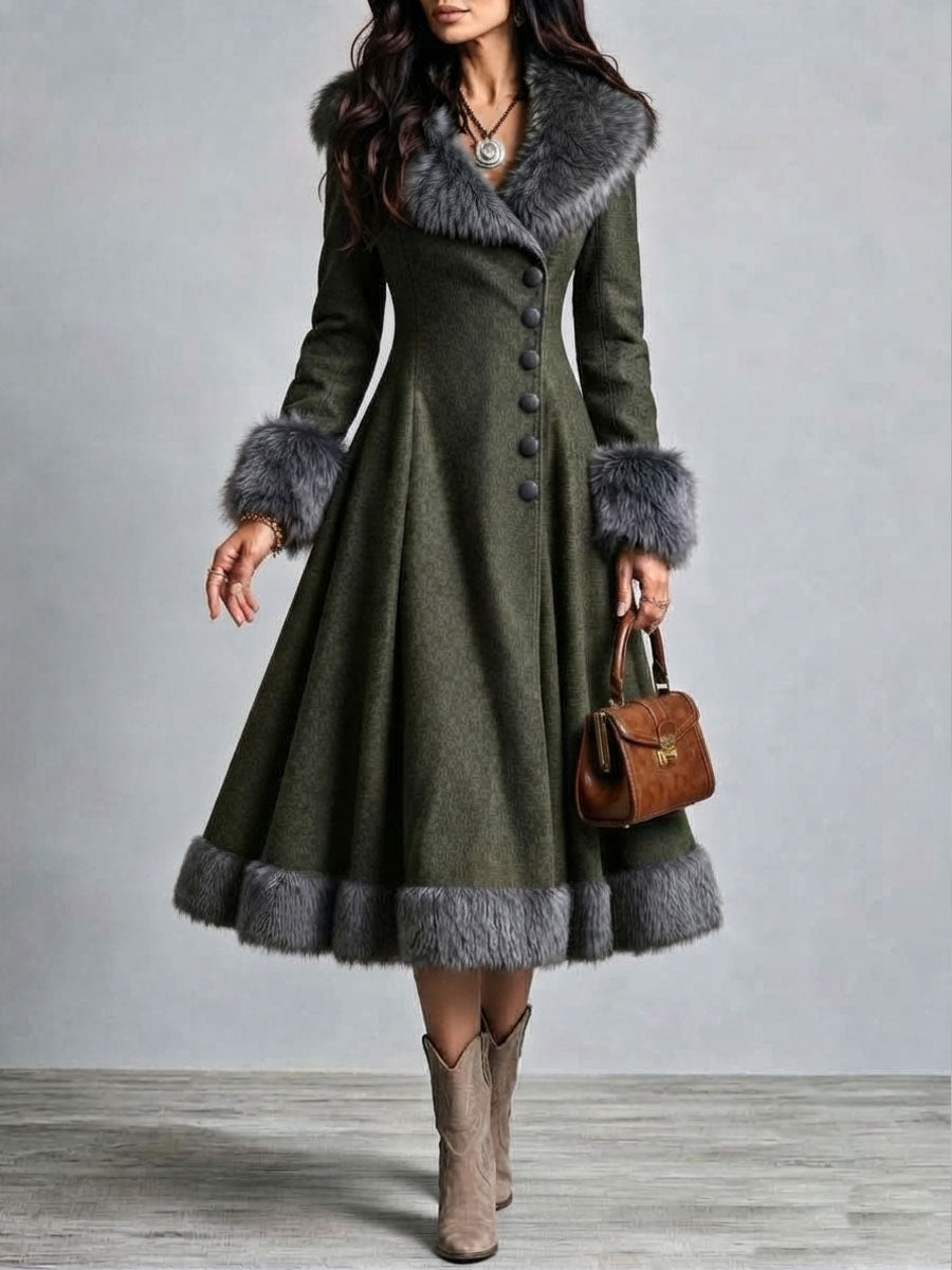 Abrigo Vestido Largo Boho Western de Lana con Pelo, Cintura Entallada y Falda Acampanada