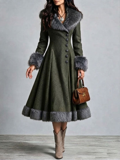 Abrigo Vestido Largo Boho Western de Lana con Pelo, Cintura Entallada y Falda Acampanada