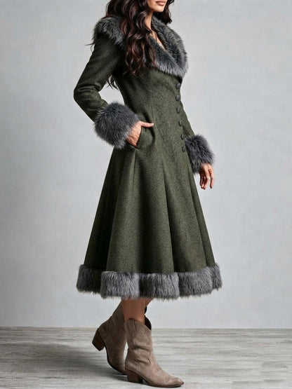 Abrigo Vestido Largo Boho Western de Lana con Pelo, Cintura Entallada y Falda Acampanada