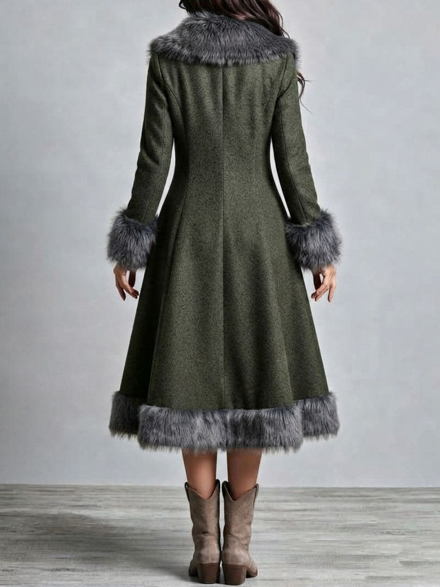 Abrigo Vestido Largo Boho Western de Lana con Pelo, Cintura Entallada y Falda Acampanada