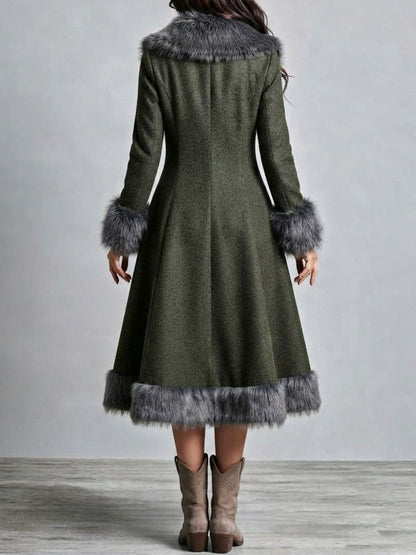 Abrigo Vestido Largo Boho Western de Lana con Pelo, Cintura Entallada y Falda Acampanada