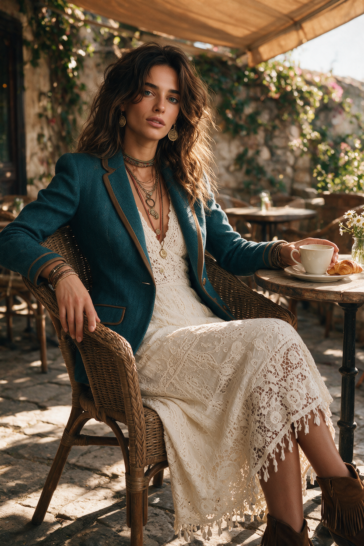 Blazer Retro Entallado de Tweed con Espiga y Detalles en Contraste