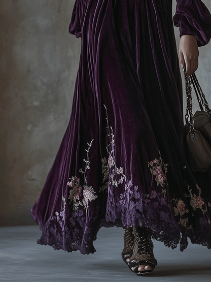 Vestido Maxi Vintage de Terciopelo con Bordado Floral