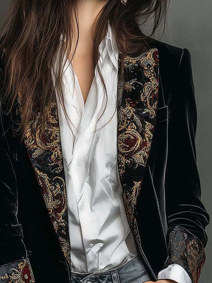 Blazer Vintage de Terciopelo Negro con Solapas de Estampado Barroco