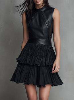 Vestido Mini Chic de Ecopiel Negra con Falda de Gasa Plisada en Capas