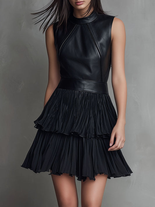 Vestido Mini Chic de Ecopiel Negra con Falda de Gasa Plisada en Capas