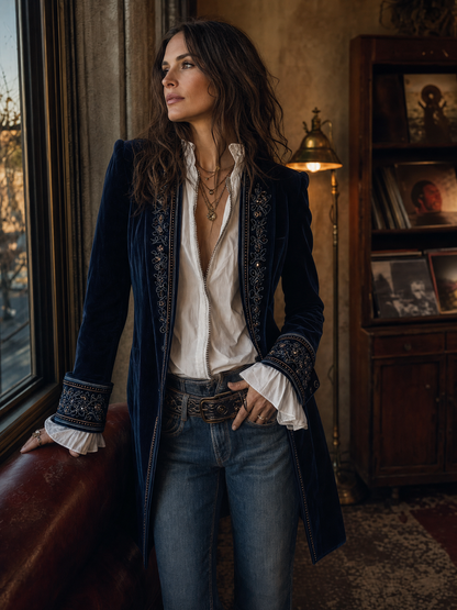 Chaqueta Larga Vintage de Terciopelo Azul Marino con Bordados