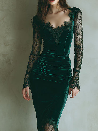 Vestido Midi Elegante de Terciopelo Verde con Encaje y Manga Larga