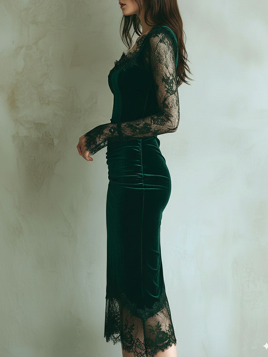 Vestido Midi Elegante de Terciopelo Verde con Encaje y Manga Larga
