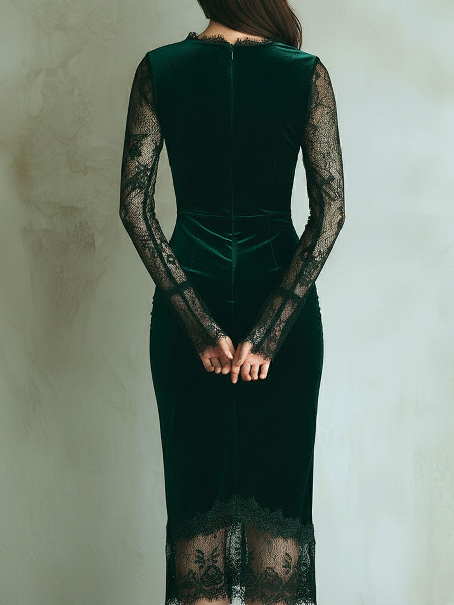 Vestido Midi Elegante de Terciopelo Verde con Encaje y Manga Larga