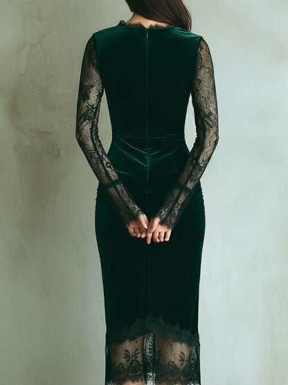 Vestido Midi Elegante de Terciopelo Verde con Encaje y Manga Larga