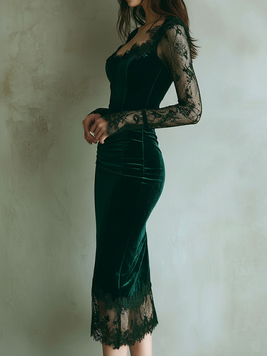 Vestido Midi Elegante de Terciopelo Verde con Encaje y Manga Larga