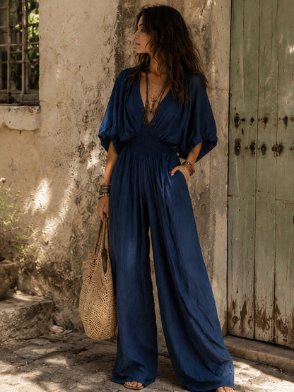 Mono Bohemio Índigo con Cintura Fruncida Elástica
