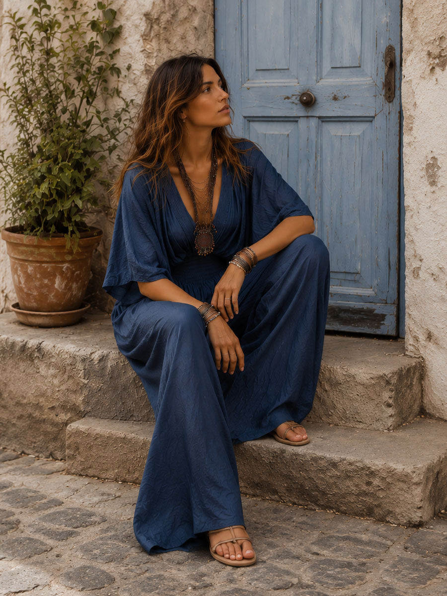 Mono Bohemio Índigo con Cintura Fruncida Elástica
