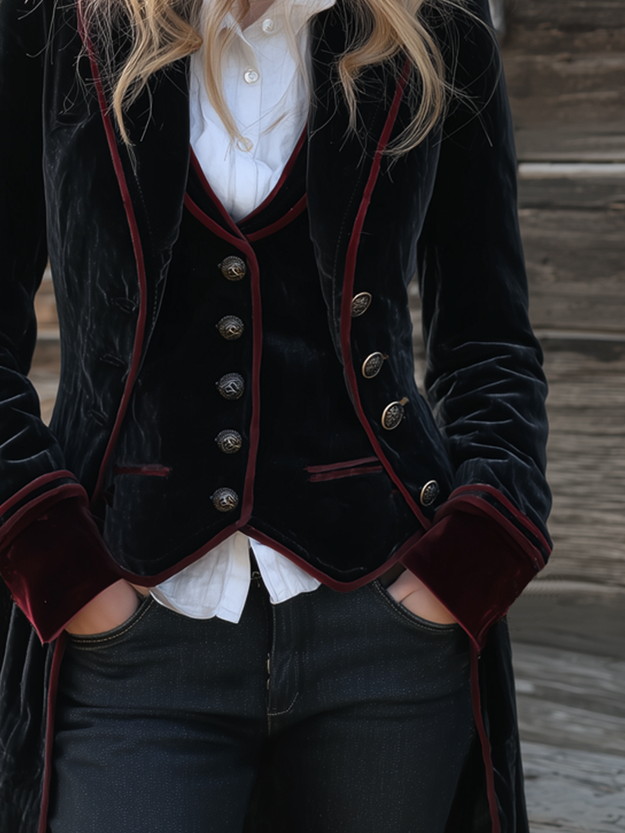 Chaqueta Larga Vintage de Terciopelo con Detalles en Contraste