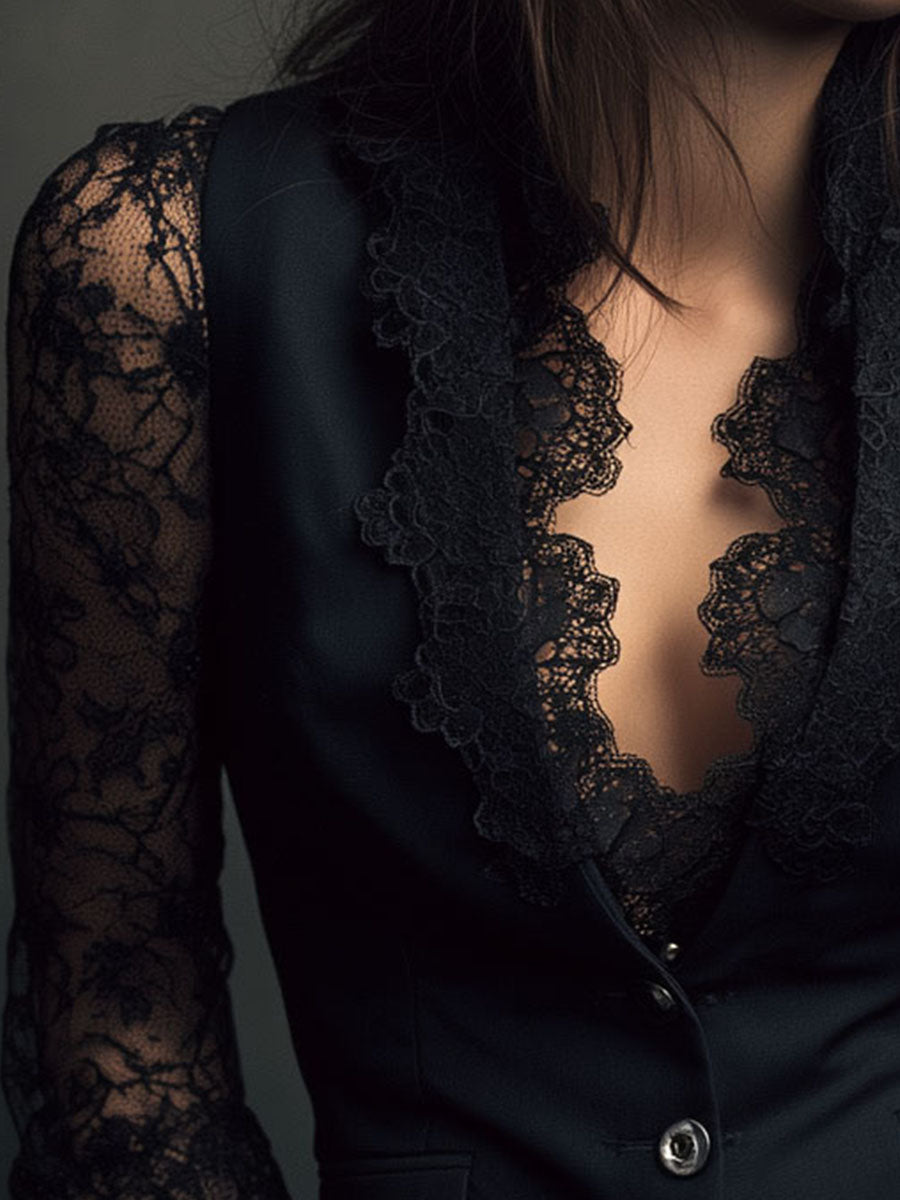 Top blazer negro elegante con mangas de encaje