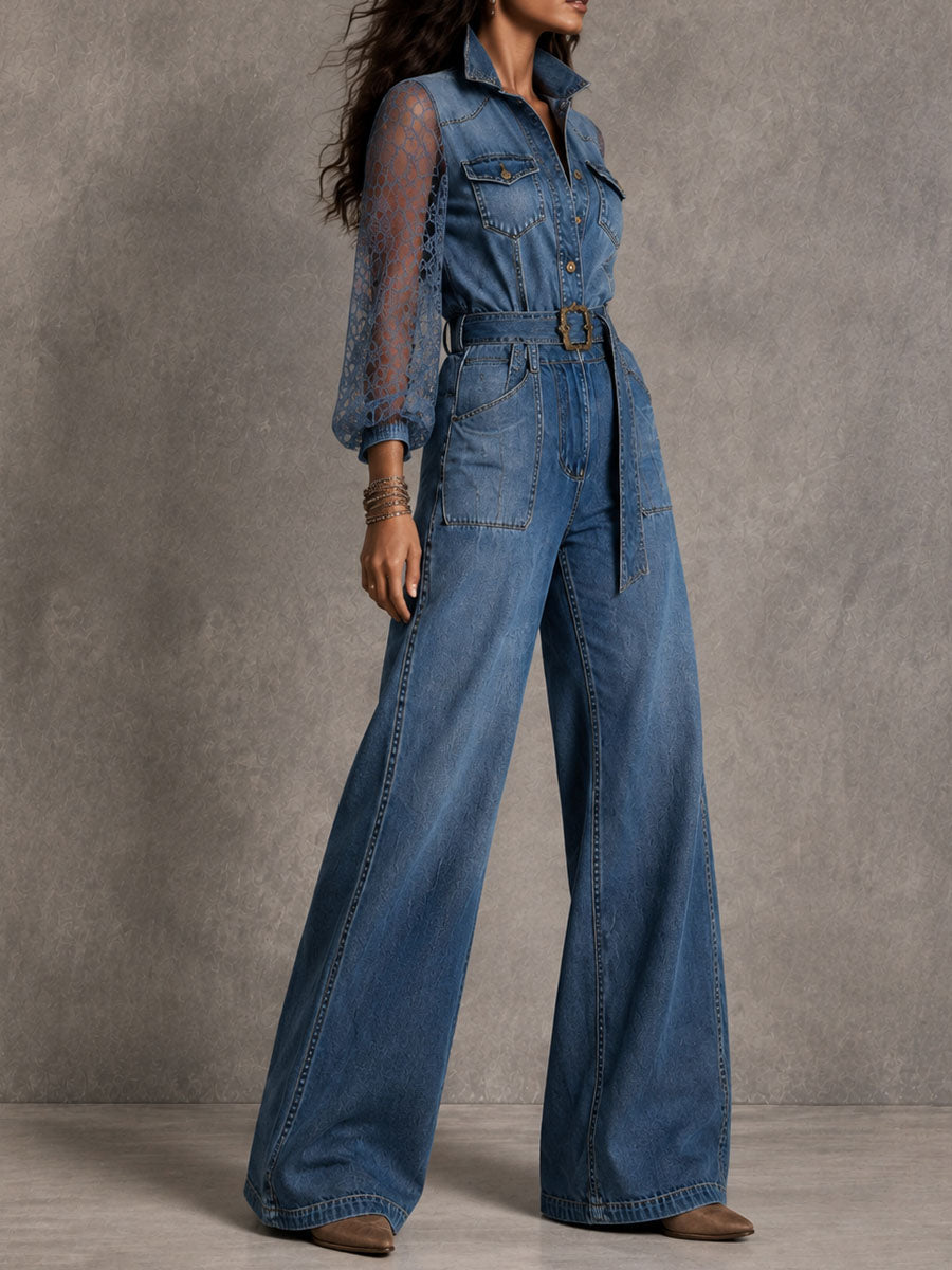 Mono Vaquero Boho de Pierna Ancha con Encaje, Mangas Abullonadas, Botones y Cinturón