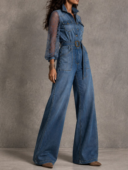 Mono Vaquero Boho de Pierna Ancha con Encaje, Mangas Abullonadas, Botones y Cinturón