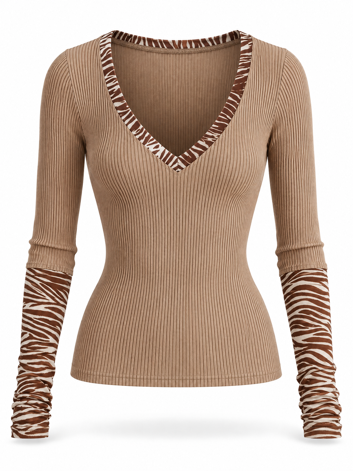 Top Desert Muse de Punto Canalé con Detalles de Estampado de Cebra