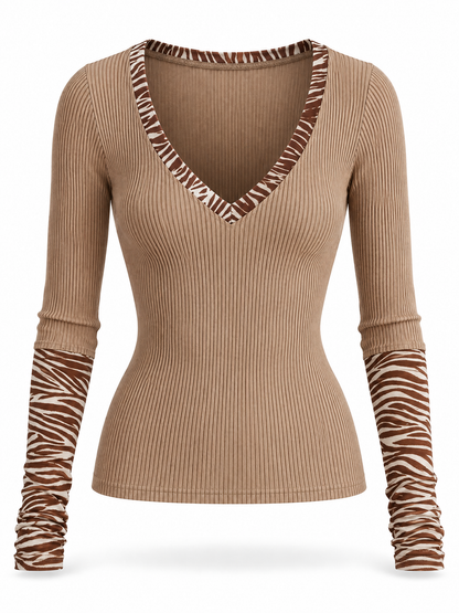 Top Desert Muse de Punto Canalé con Detalles de Estampado de Cebra