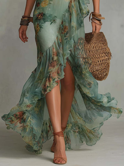 Vestido largo cruzado con estampado floral romántico retro