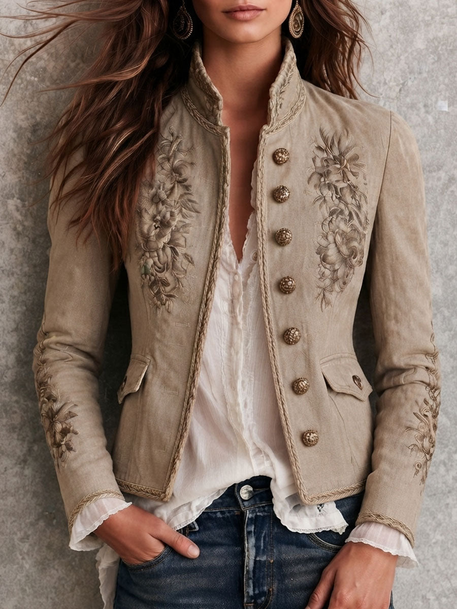 Chaqueta Retro Beige con Cuello Alto, Bordados Florales y Detalles Trenzado