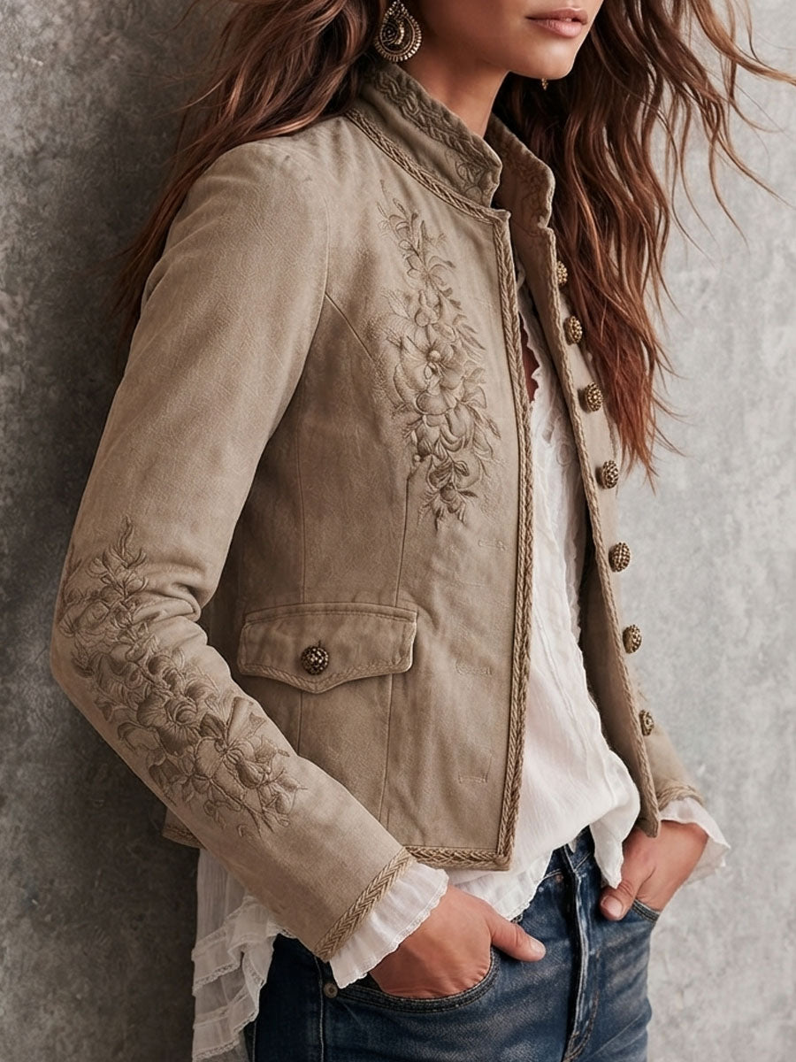 Chaqueta Retro Beige con Cuello Alto, Bordados Florales y Detalles Trenzado