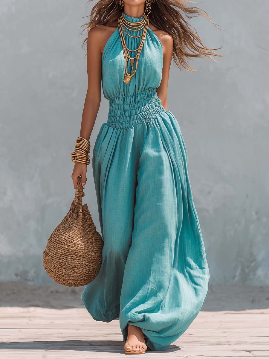 Mono Bohemio de Algodón y Lino con Cuello Halter, Cintura Fruncida y Pantalón Balloon