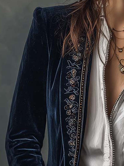 Chaqueta Larga Vintage de Terciopelo Azul Marino con Bordados