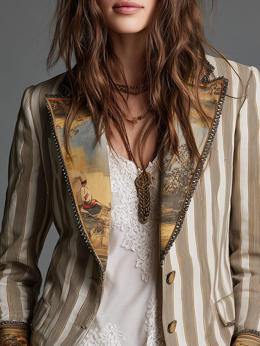 Blazer de algodón a rayas con detalles estampados de estilo bohemio