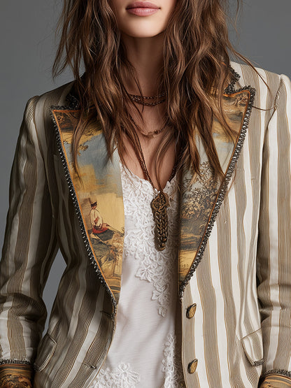 Blazer de algodón a rayas con detalles estampados de estilo bohemio