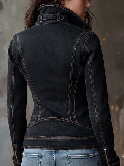 Chaqueta Moto Vintage de Denim Lavado en Gris Carbón