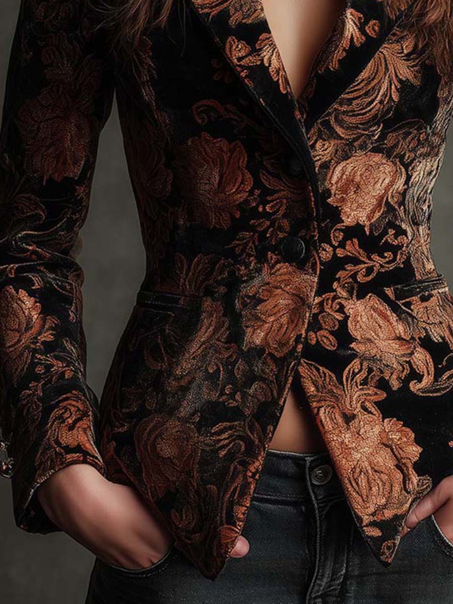 Blazer negro de terciopelo con estampado floral en tonos bronce