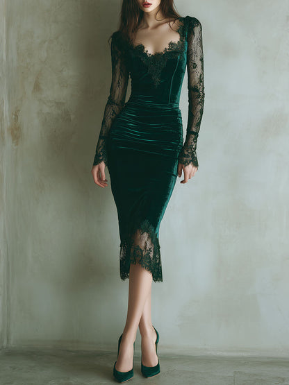 Vestido Midi Elegante de Terciopelo Verde con Encaje y Manga Larga