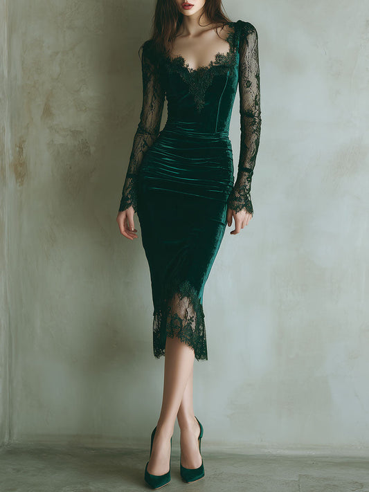 Vestido Midi Elegante de Terciopelo Verde con Encaje y Manga Larga