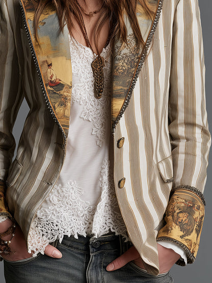 Blazer de algodón a rayas con detalles estampados de estilo bohemio