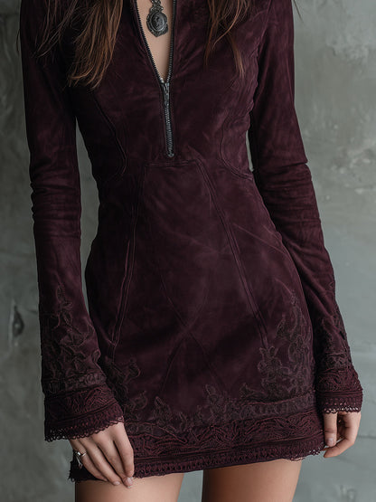 Vestido Mini Vintage de Ante con Bordados y Detalles de Encaje