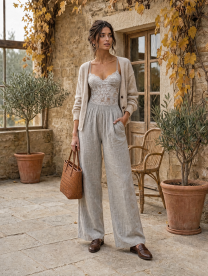 Mono Bohemio Gris Claro de Algodón Texturizado con Encaje y Pierna Ancha