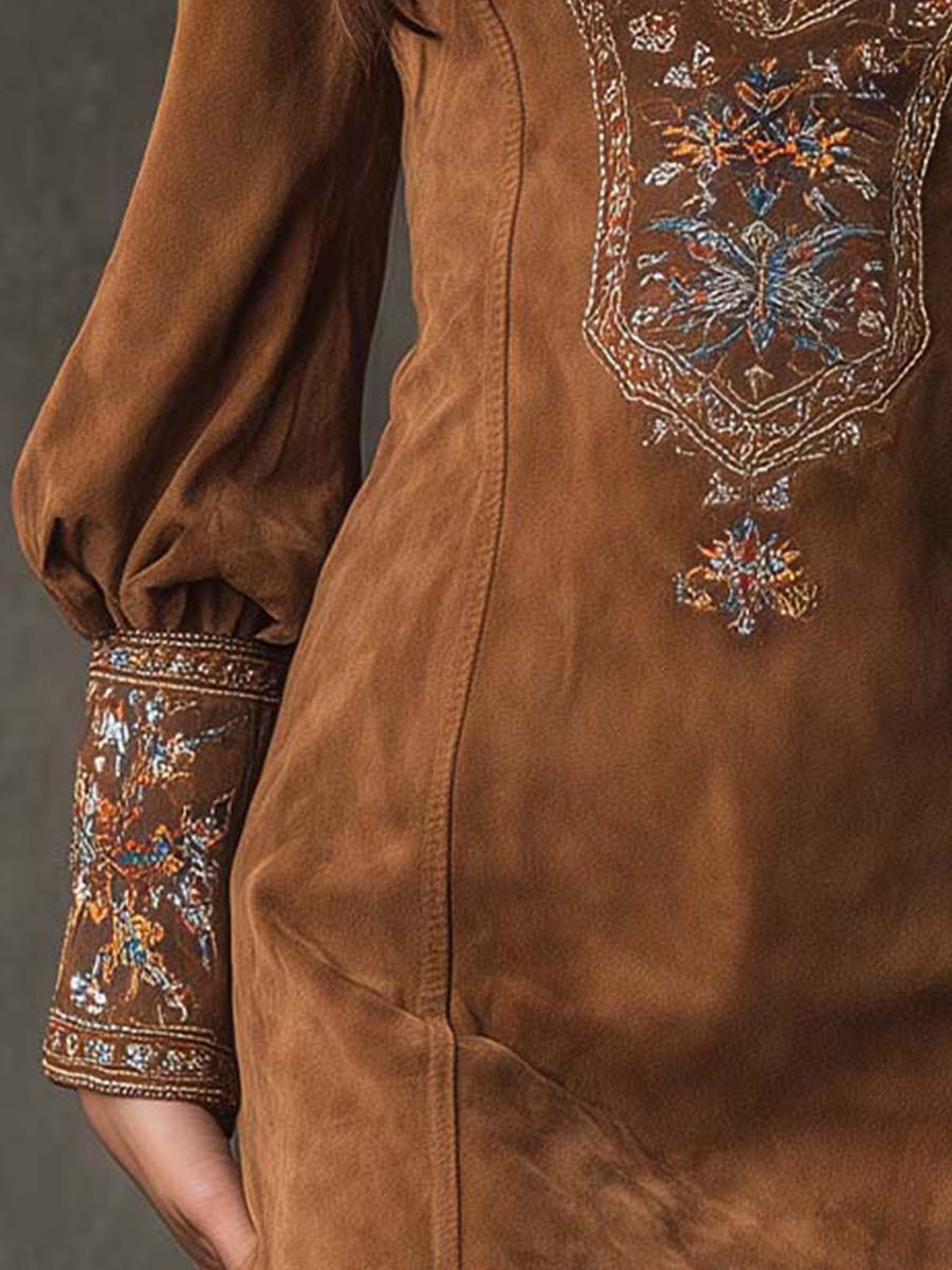 Vestido Mini Vintage de Ante Bordado con Mangas Largas