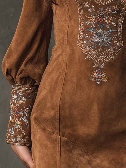Vestido Mini Vintage de Ante Bordado con Mangas Largas