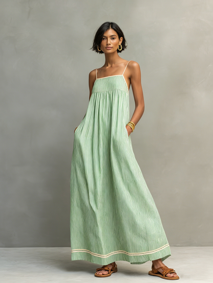 Flavia | Vestido maxi listrado minimalista feminino