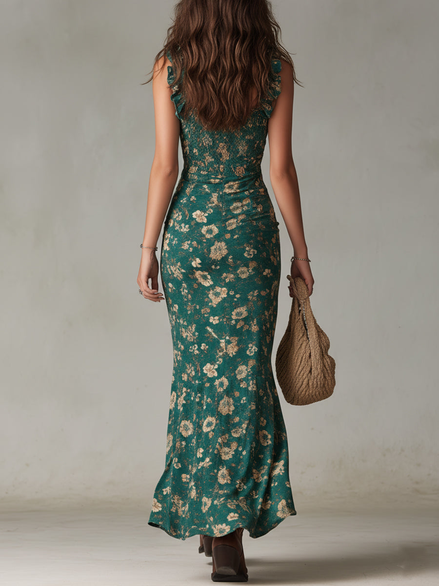 Vestido Maxi Boho Retro con Mangas de Volantes y Abertura Alta