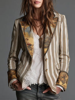 Blazer de algodón a rayas con detalles estampados de estilo bohemio