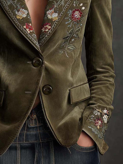 Blazer de Terciopelo Verde Oliva con Elegantes Bordados Florales