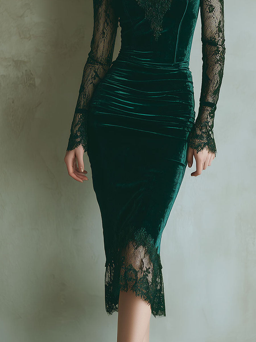 Vestido Midi Elegante de Terciopelo Verde con Encaje y Manga Larga