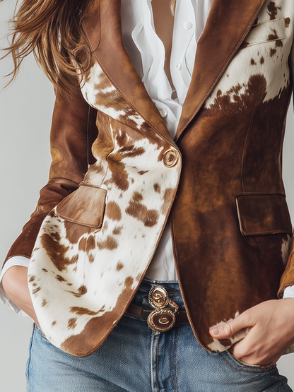 Blazer Vintage de Ante Ecológico con Estampado de Piel de Vaca
