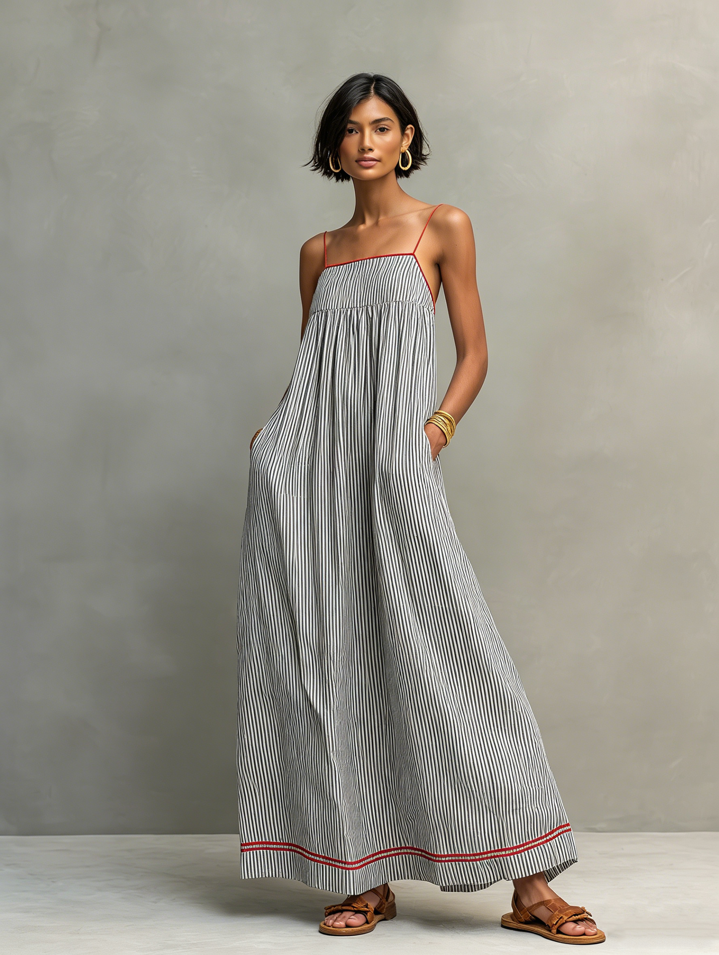 Flavia | Vestido maxi listrado minimalista feminino