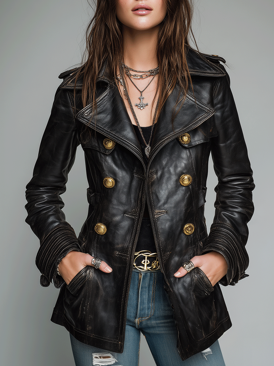Chaqueta Vintage Negra de Ecopiel con Doble Botonadura